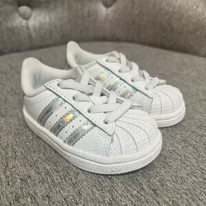 Adidas White and Silver Toddler Shoes Size 4